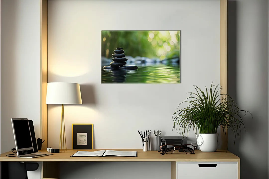 Kurkborden op canvas met zenstenen aan rustig water – formaat 140 × 100 cm