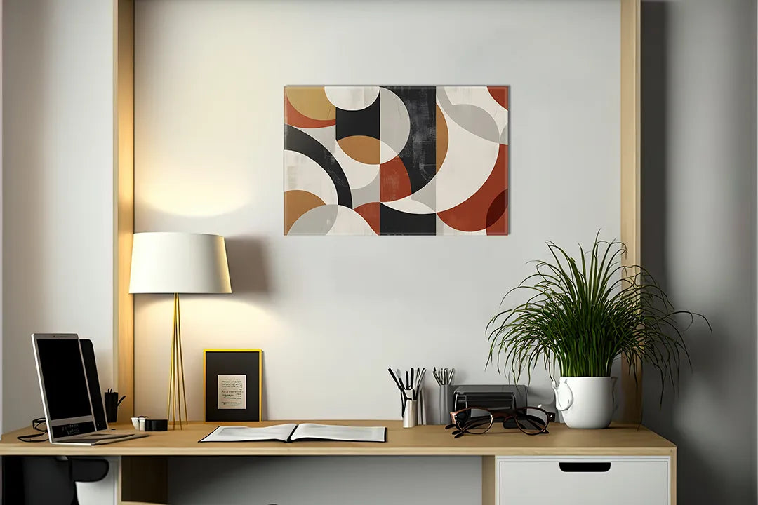 Kurkborden op canvas met retro geometrische vormen in aardetinten – formaat 140 × 100 cm