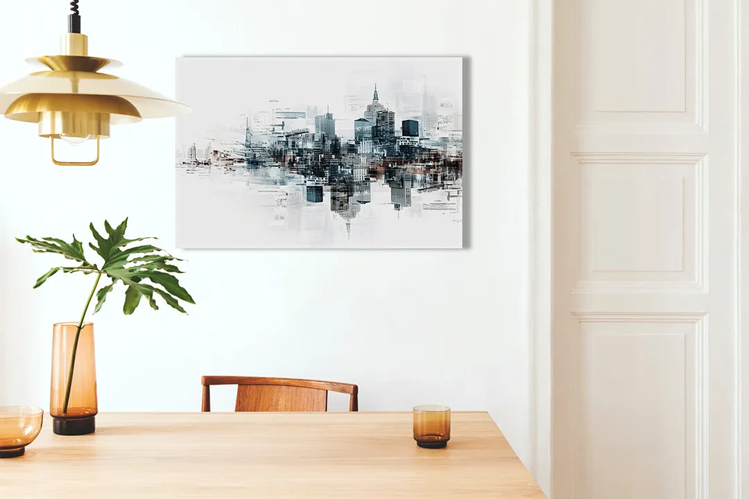 Kurkborden op canvas met abstracte stadsskyline in aquarel – formaat 100 × 70 cm