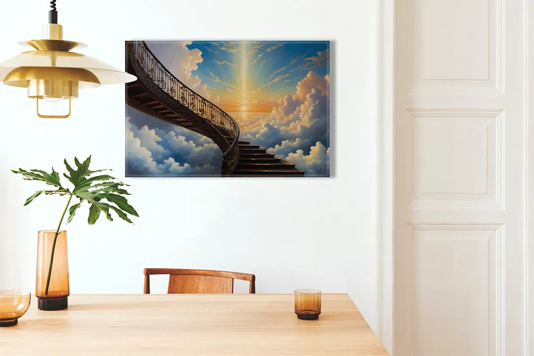 Kurkborden op canvas met trap naar de hemel tussen wolken – formaat 100 × 70 cm
