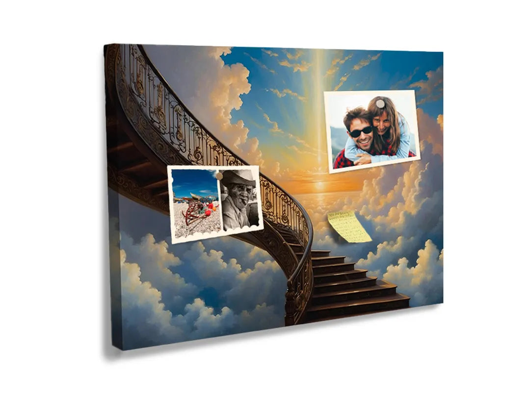 Kurkborden op canvas met trap naar de hemel tussen wolken – formaat 60 × 40 cm