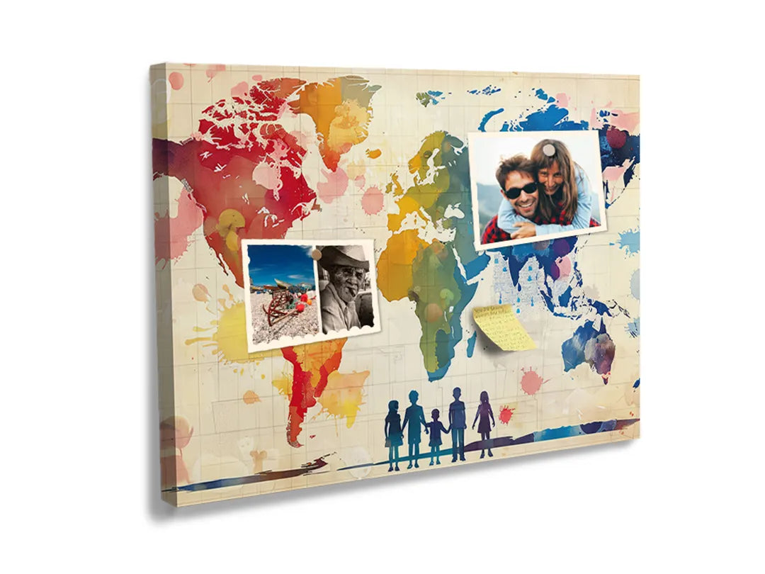 Kurkborden op canvas met kleurrijke wereldkaart met silhouetten – formaat 60 × 40 cm