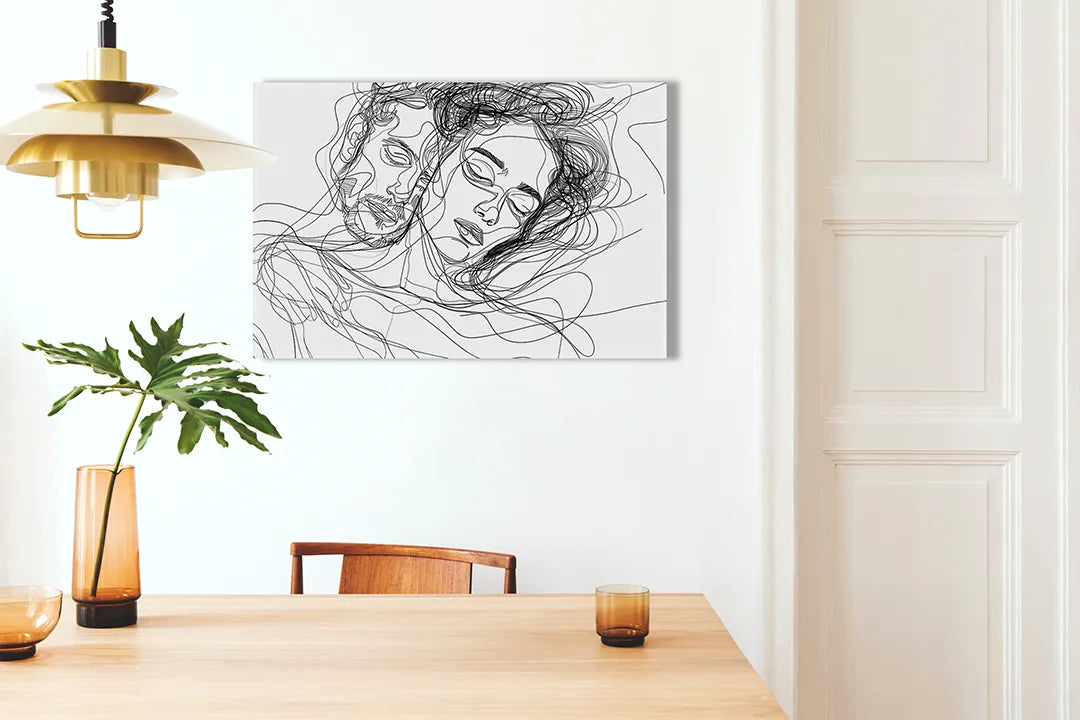 Kurkborden op canvas met expressieve lijntekening van vrouwengezicht – formaat 100 × 70 cm