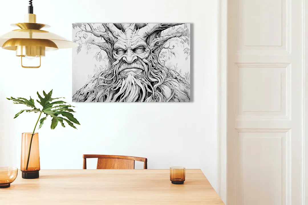 Kurkborden op canvas met gedetailleerde lijntekening van boomgeest – formaat 100 × 70 cm