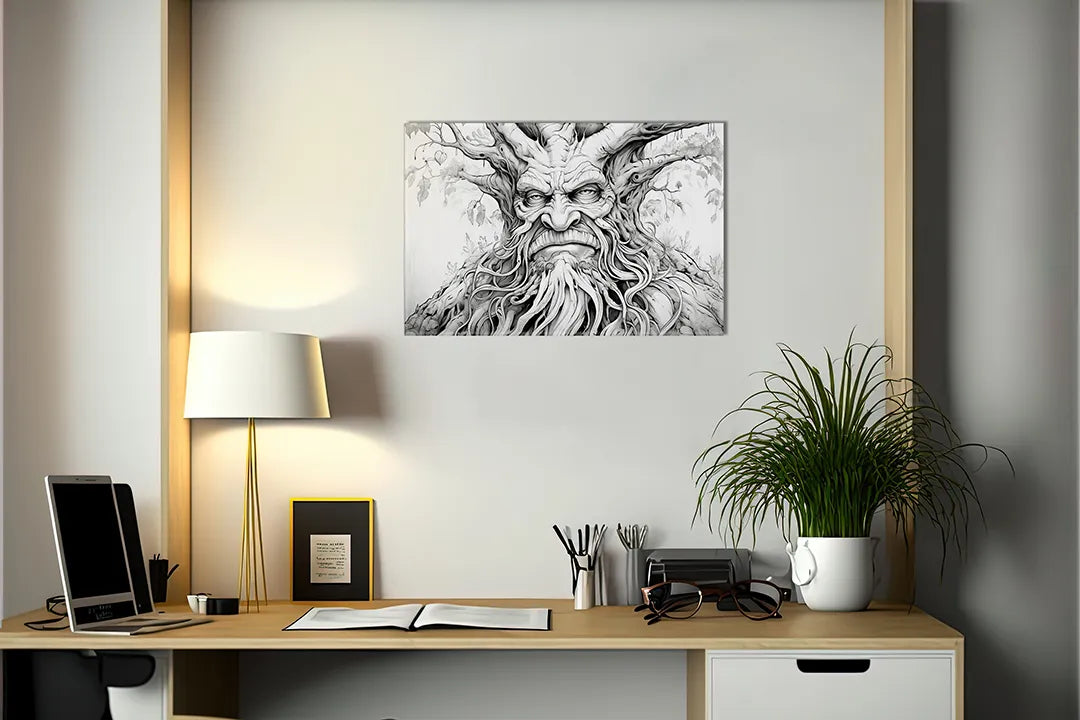 Kurkborden op canvas met gedetailleerde lijntekening van boomgeest – formaat 140 × 100 cm