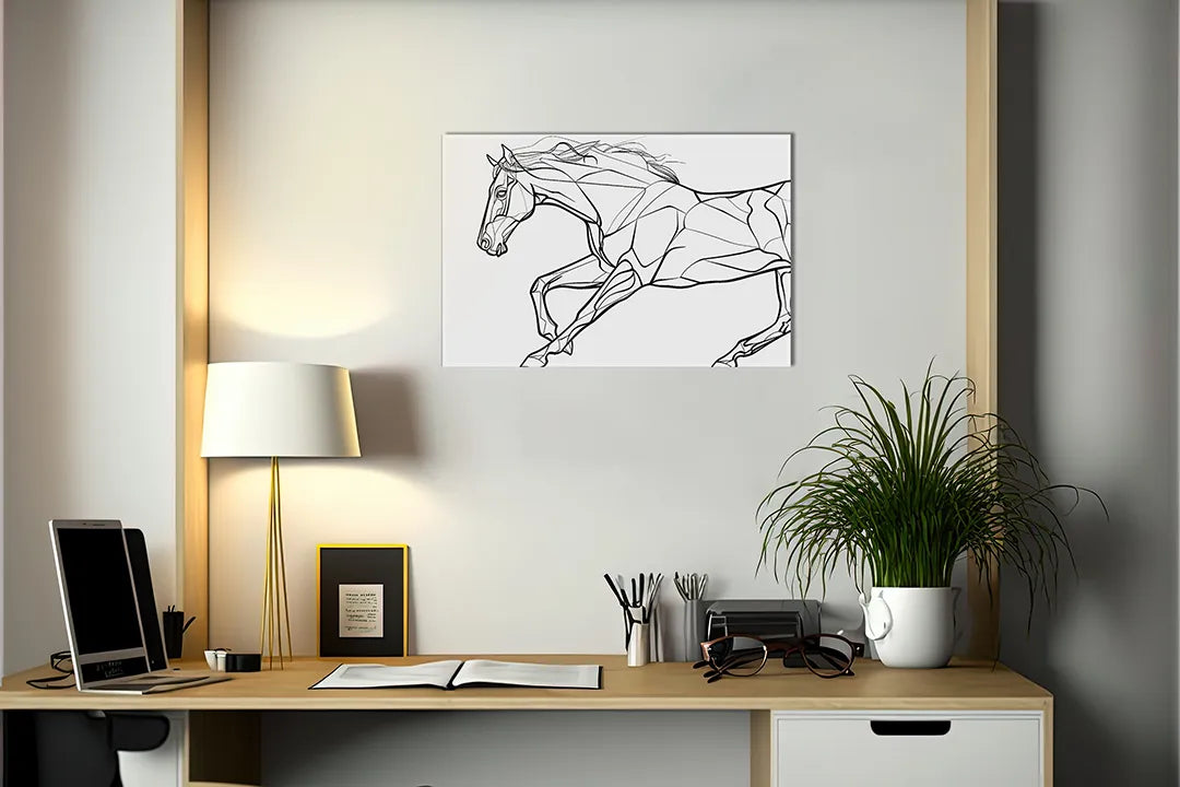 Kurkborden op canvas met geometrische lijntekening van paard – formaat 140 × 100 cm