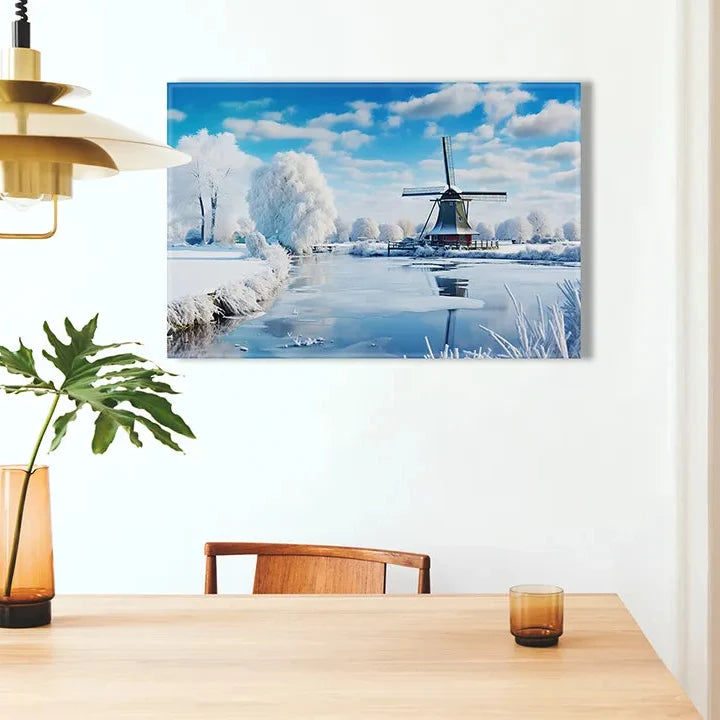 Kurkborden op canvas met winterlandschap met molen – formaat 100 × 70 cm
