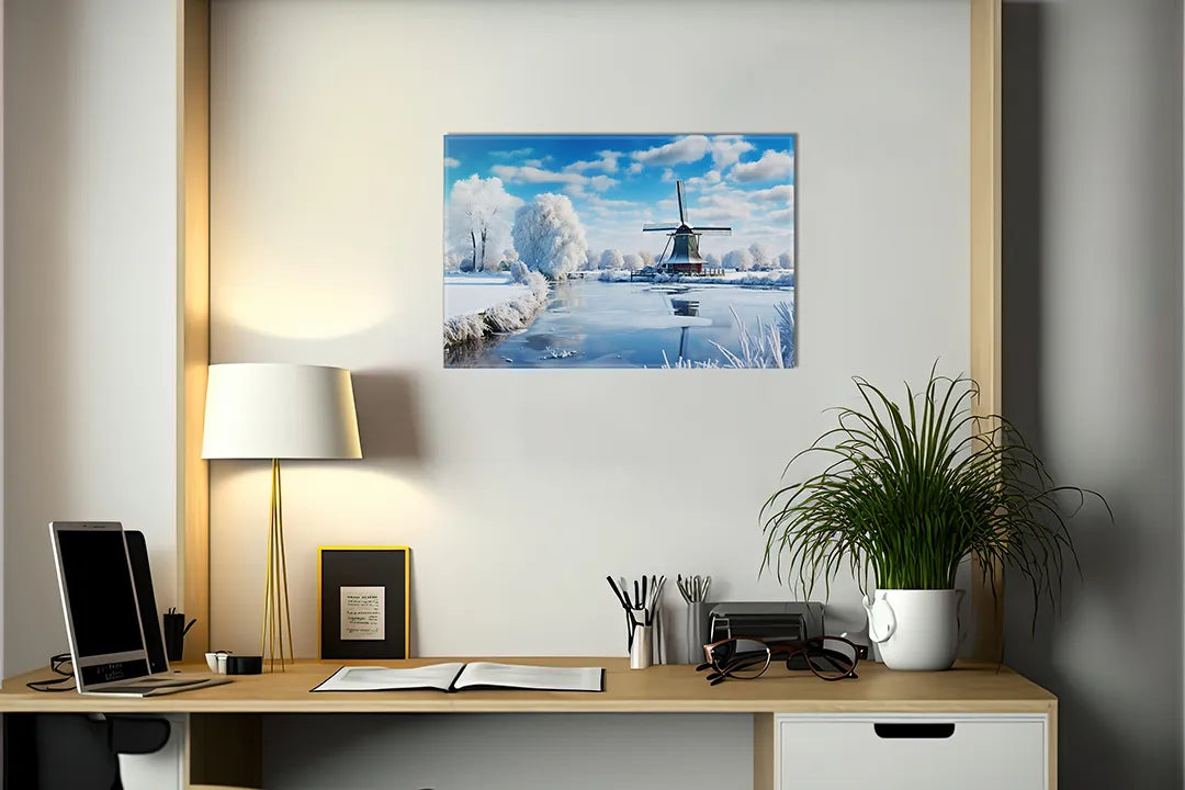 Kurkborden op canvas met winterlandschap met molen – formaat 140 × 100 cm