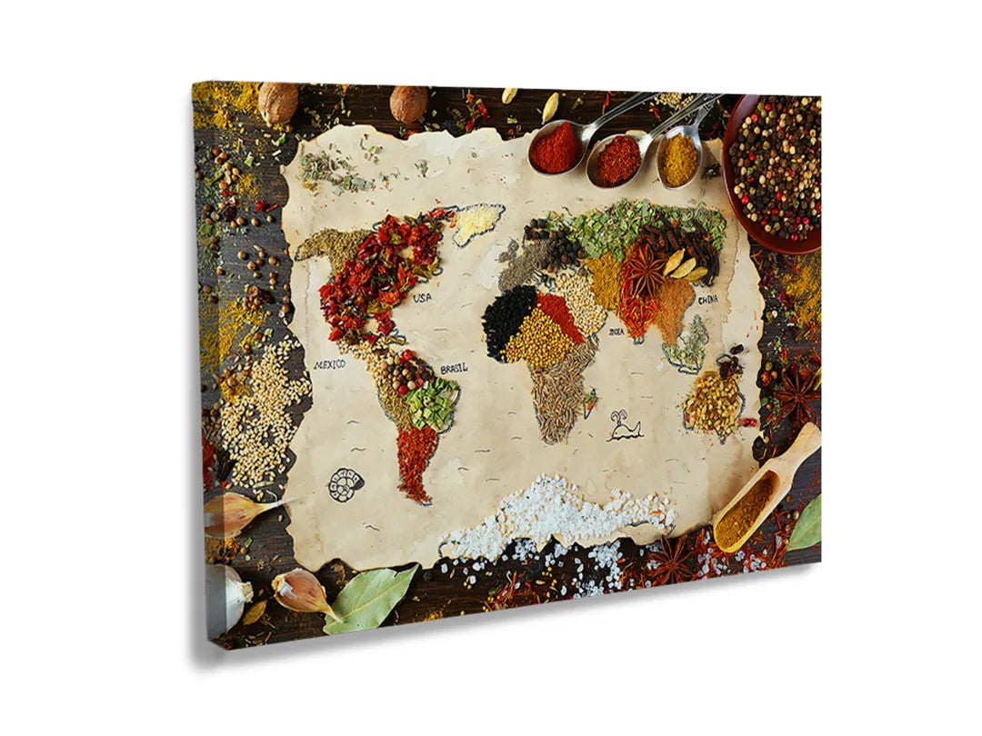 Kurkborden op canvas met wereldkaart van kruiden en specerijen – formaat 120 × 80 cm