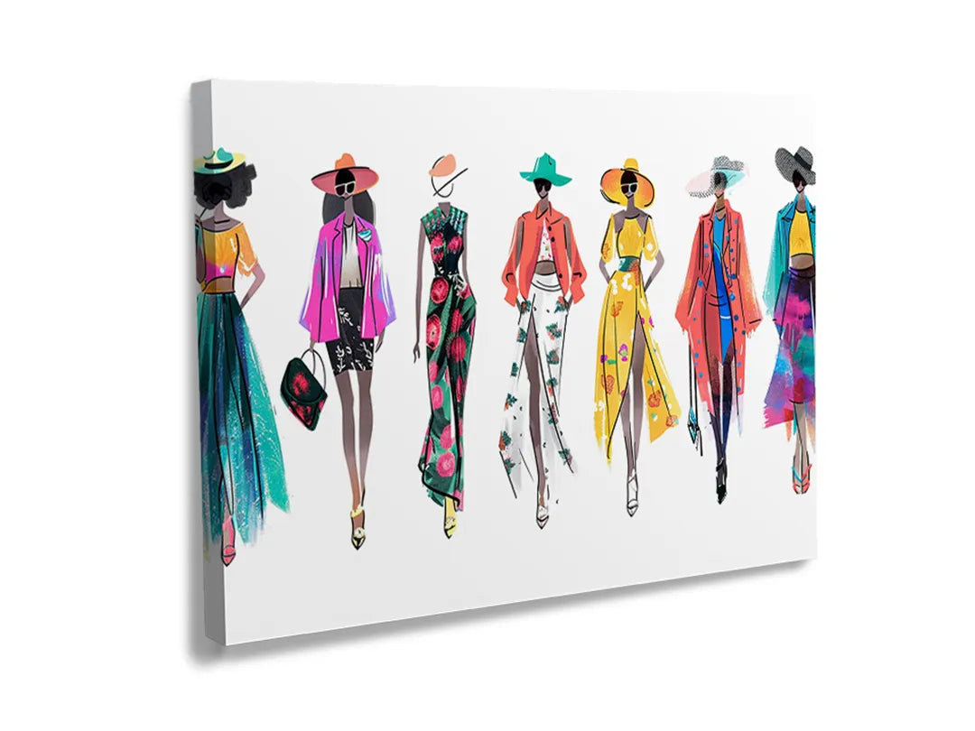 Kurkborden op canvas met kleurrijke modefiguren op wit – formaat 120 × 80 cm