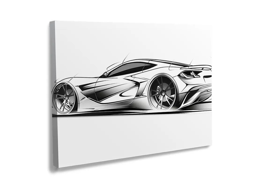 Kurkborden op canvas met conceptschets van sportwagen – formaat 120 × 80 cm