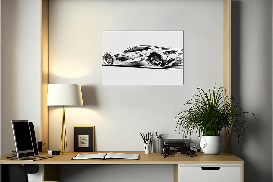Kurkborden op canvas met conceptschets van sportwagen – formaat 140 × 100 cm