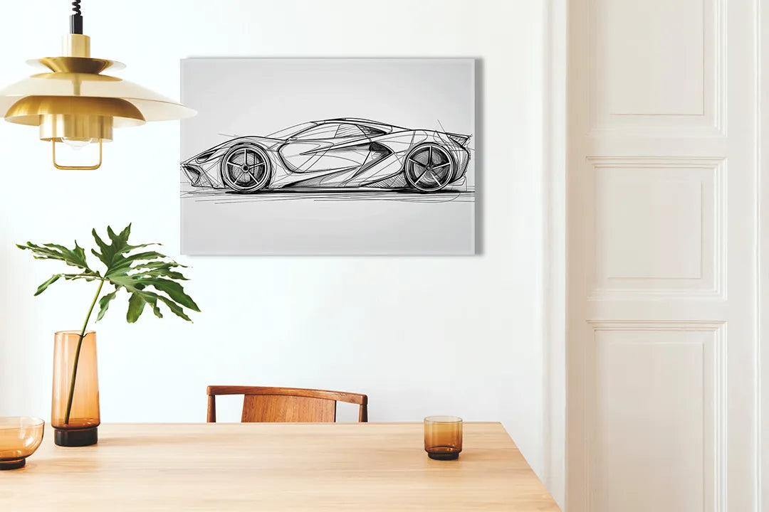 Kurkborden op canvas met technische lijnschets van sportauto – formaat 100 × 70 cm