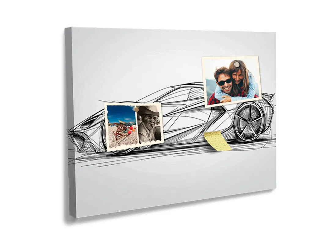 Kurkborden op canvas met technische lijnschets van sportauto – formaat 60 × 40 cm