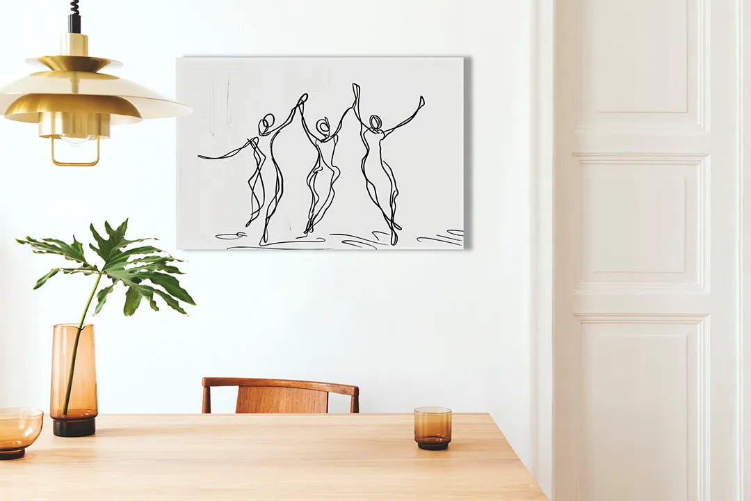Kurkborden op canvas met minimalistische dansende figuren – formaat 100 × 70 cm