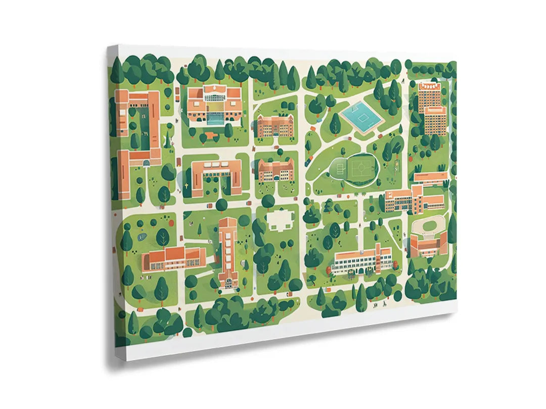 Kurkborden op canvas met geïllustreerde plattegrond van woonwijk – formaat 120 × 80 cm