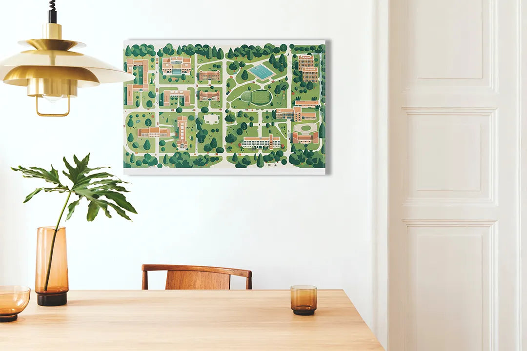 Kurkborden op canvas met geïllustreerde plattegrond van woonwijk – formaat 100 × 70 cm