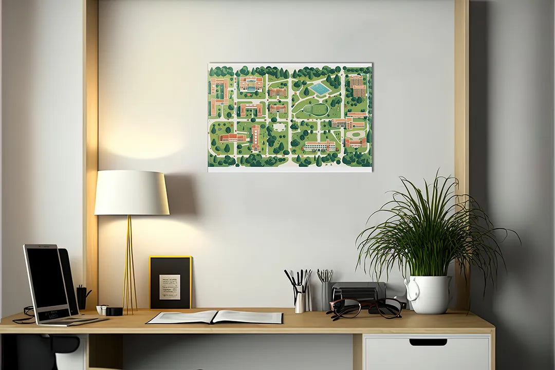 Kurkborden op canvas met geïllustreerde plattegrond van woonwijk – formaat 140 × 100 cm