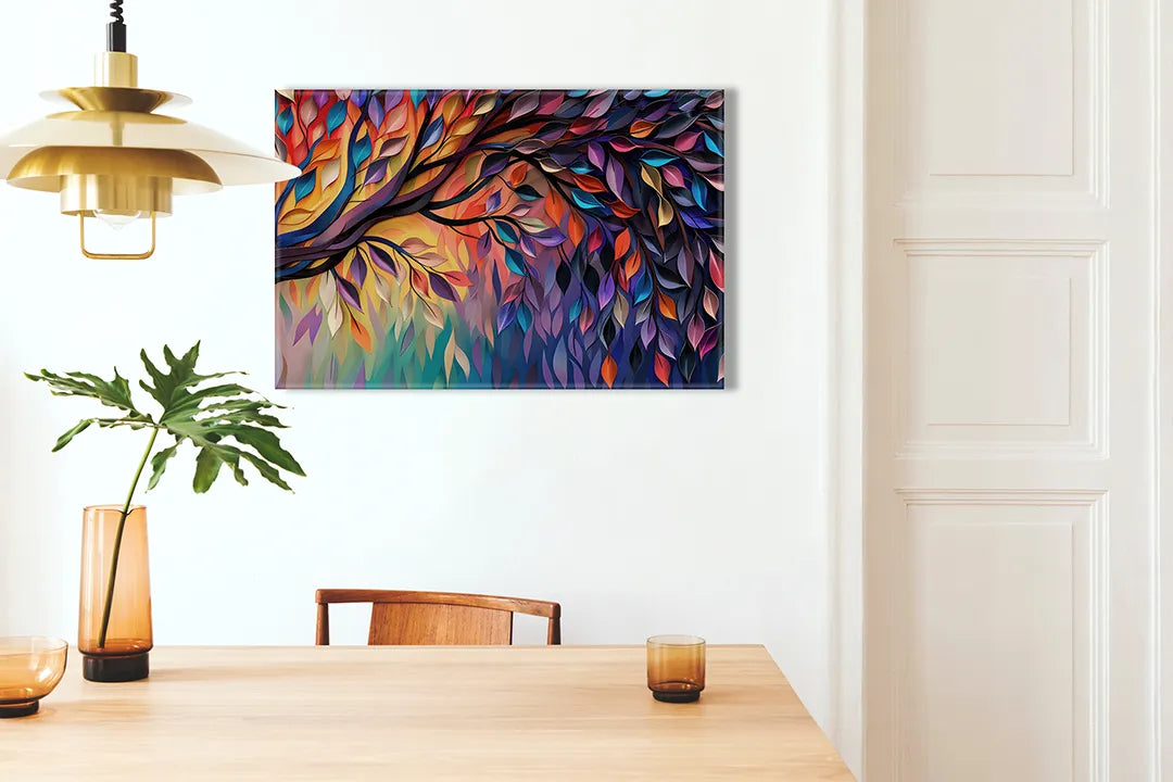 Kurkborden op canvas met kleurrijk abstract veerpatroon – formaat 100 × 70 cm