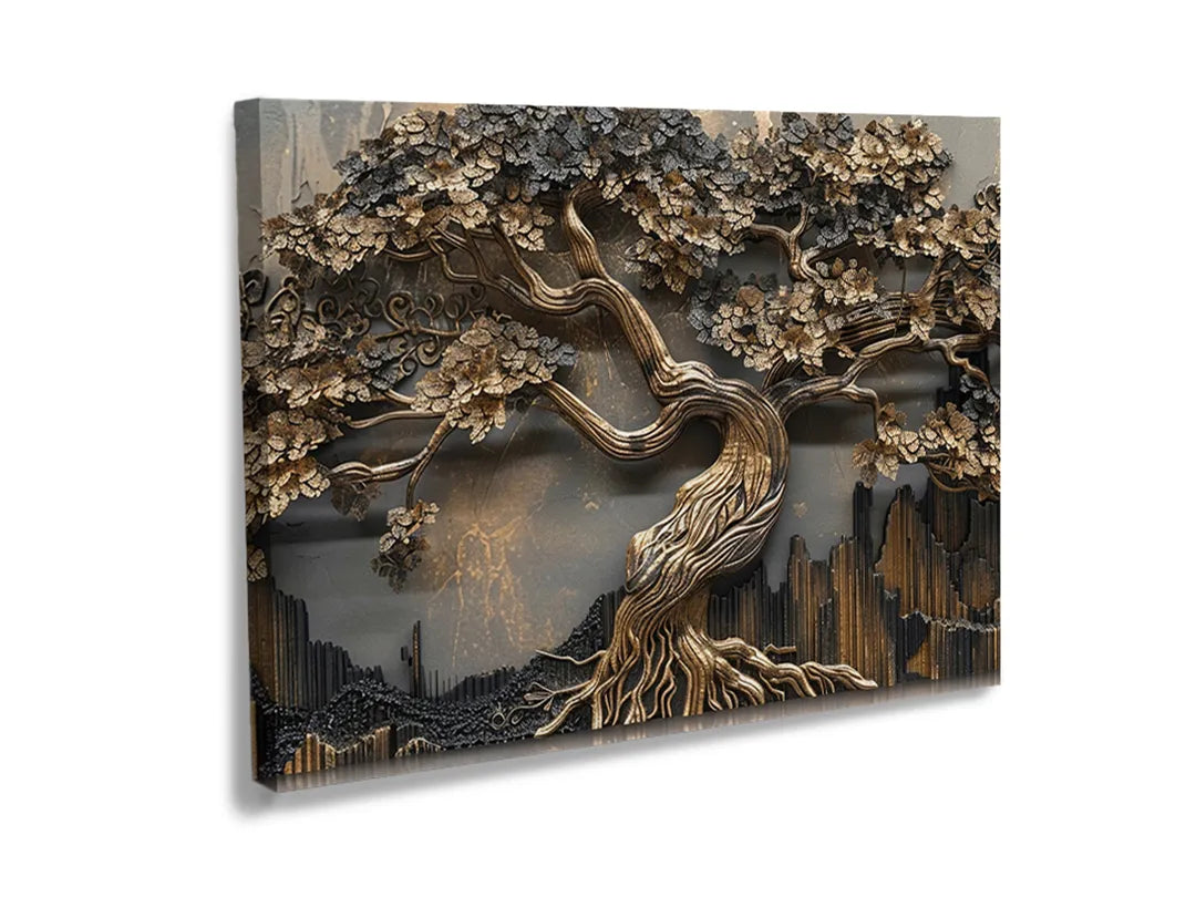 Kurkborden op canvas met metalen levensboom reliëf – formaat 120 × 80 cm