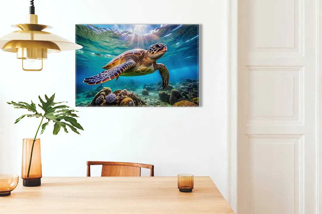 Kurkborden op canvas met zeeschildpad bij koraalrif – formaat 100 × 70 cm