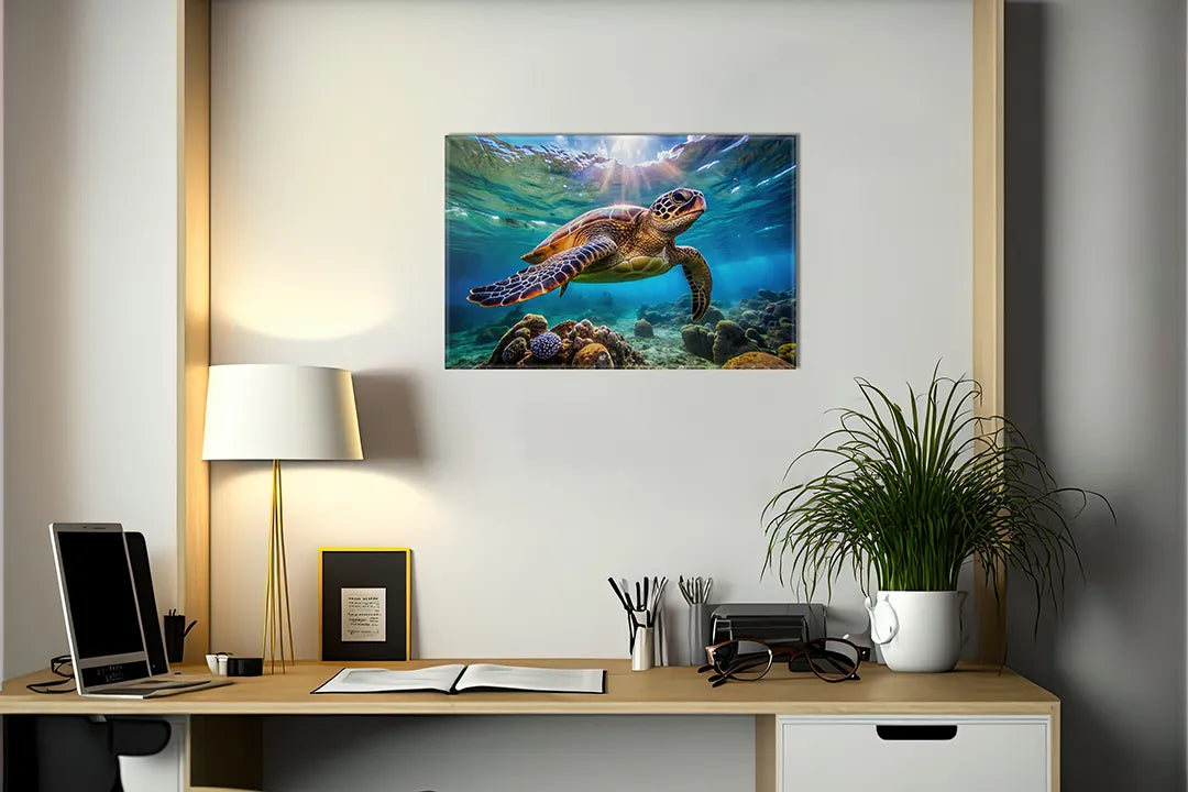 Kurkborden op canvas met zeeschildpad bij koraalrif – formaat 140 × 100 cm