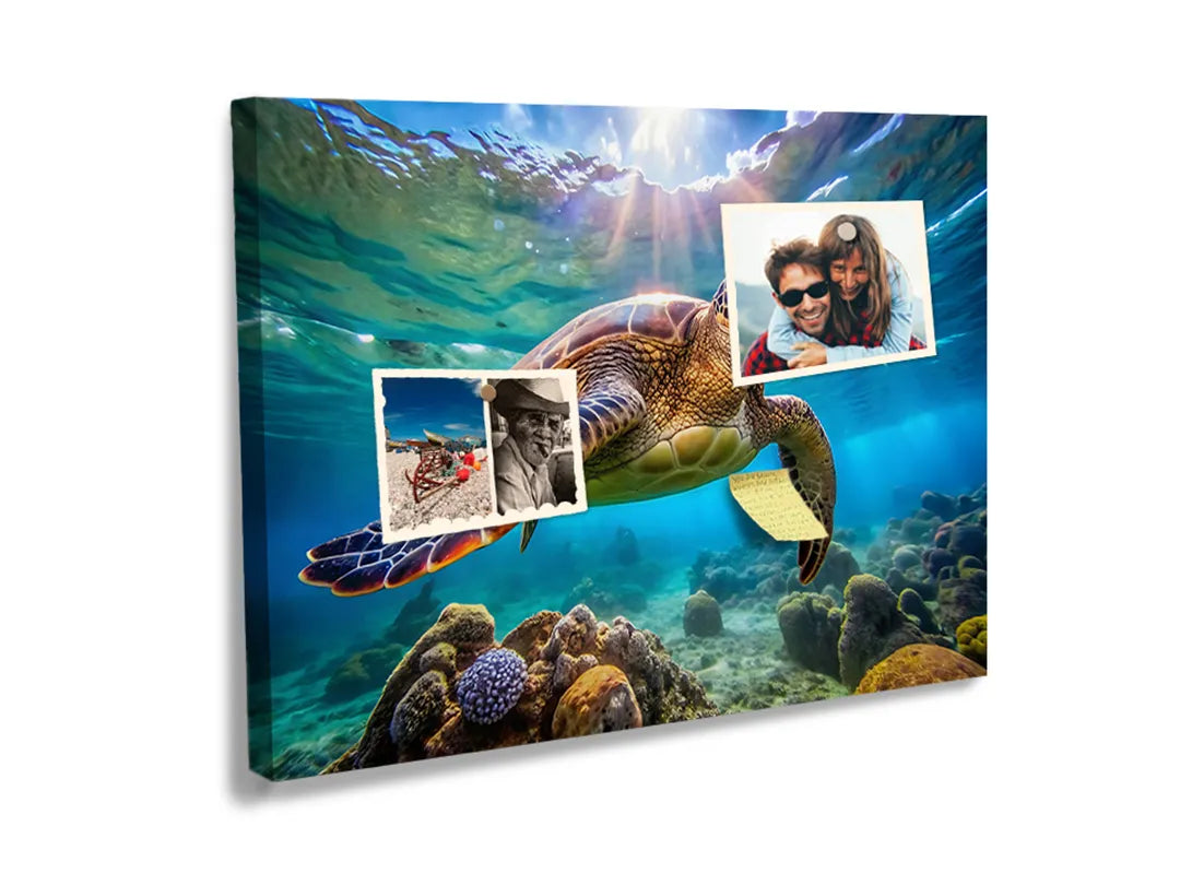 Kurkborden op canvas met zeeschildpad bij koraalrif – formaat 60 × 40 cm