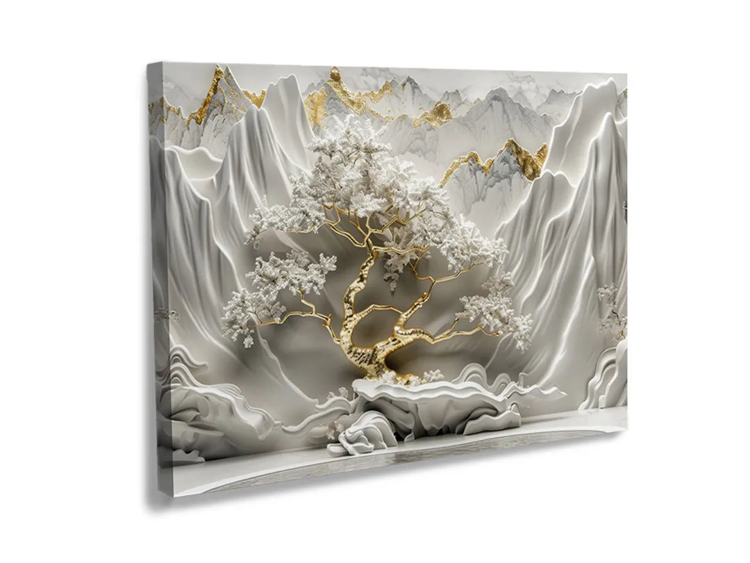 Kurkborden op canvas met wit reliëf met gouden steenaders – formaat 120 × 80 cm