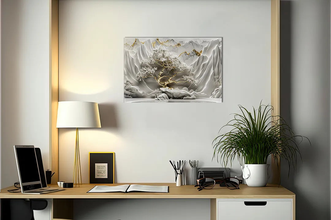 Kurkborden op canvas met wit reliëf met gouden steenaders – formaat 140 × 100 cm