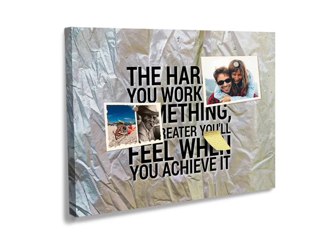 Kurkborden op canvas met motiverende quote over hard werken – formaat 60 × 40 cm