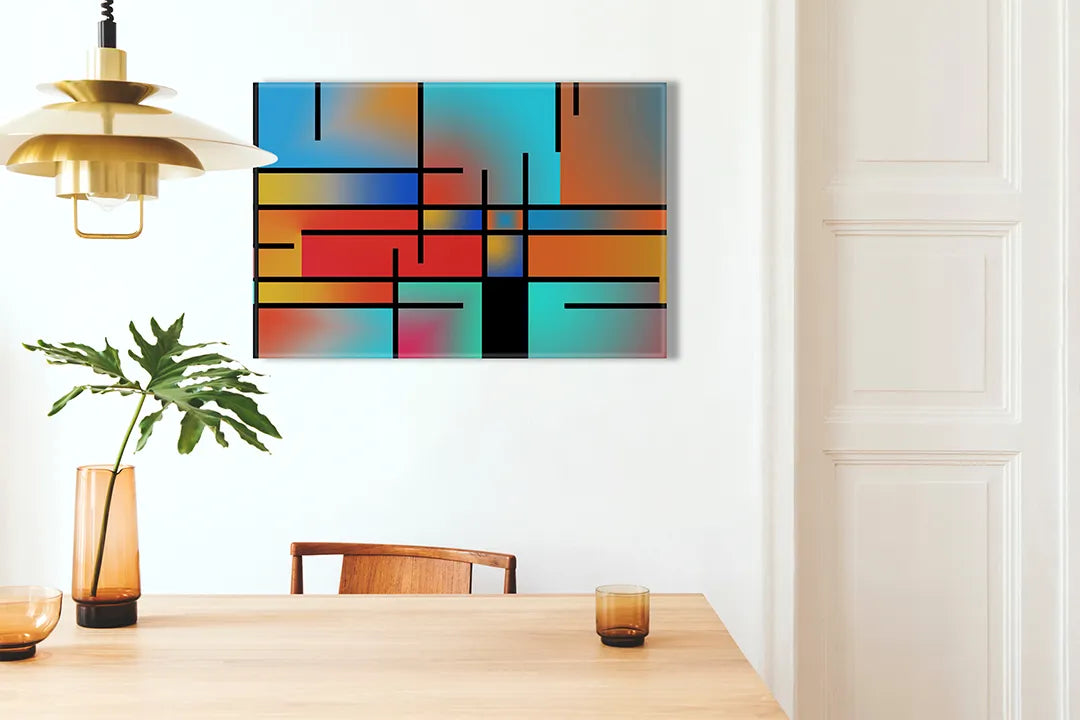 Kurkborden op canvas met geometrische kleurvlakken – formaat 100 × 70 cm
