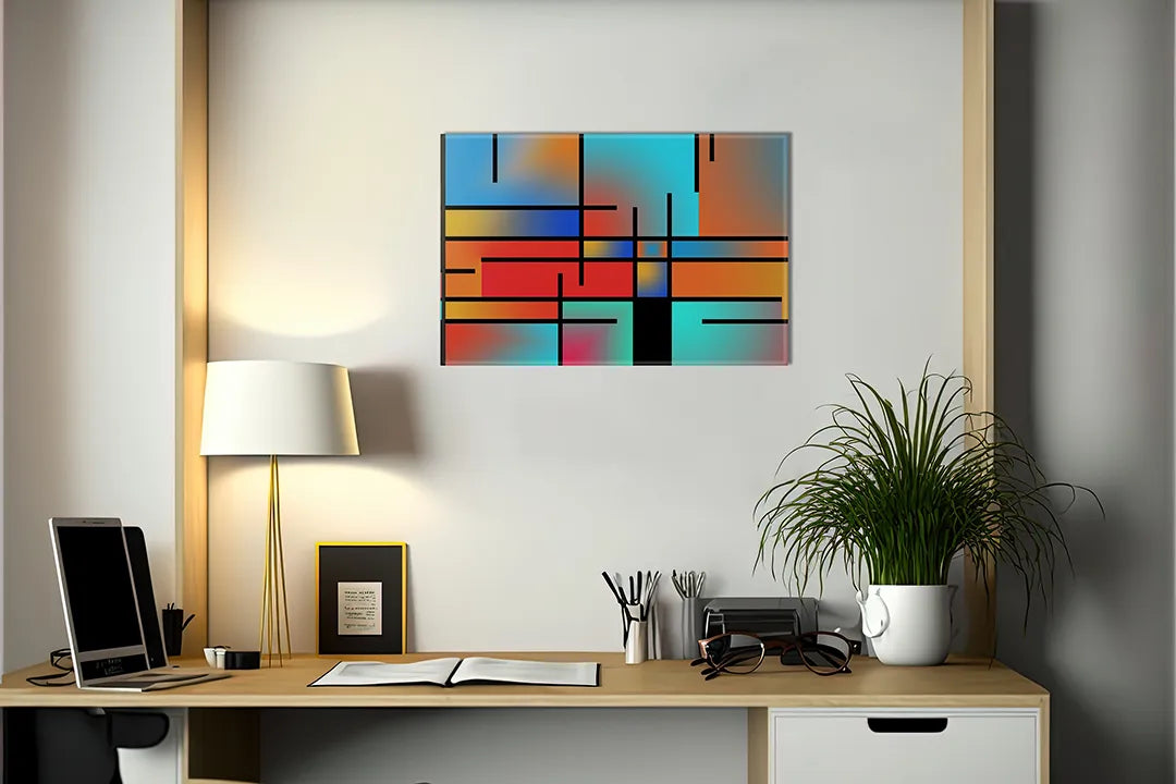 Kurkborden op canvas met geometrische kleurvlakken – formaat 140 × 100 cm