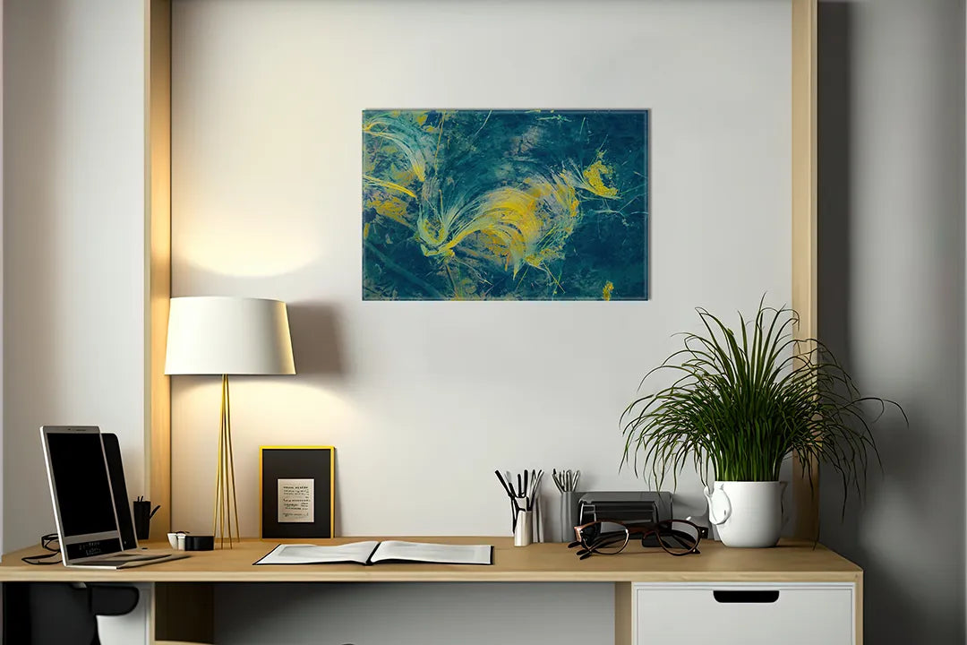 Kurkborden op canvas met abstract landschap in blauw en goud – formaat 140 × 100 cm