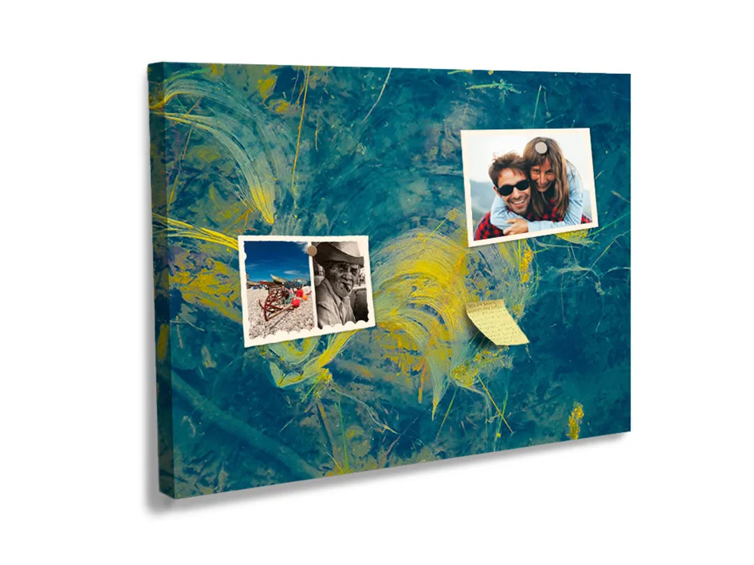 Kurkborden op canvas met abstract landschap in blauw en goud – formaat 60 × 40 cm
