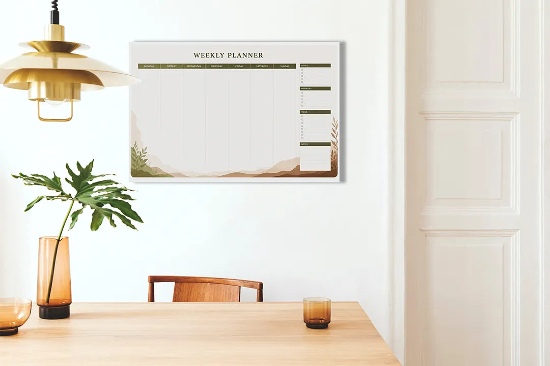 Kurkborden op canvas met minimalistische weekplanner met botanische accenten – formaat 100 × 70 cm