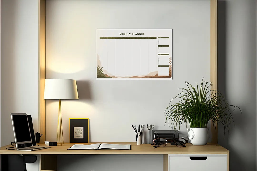 Kurkborden op canvas met minimalistische weekplanner met botanische accenten – formaat 140 × 100 cm