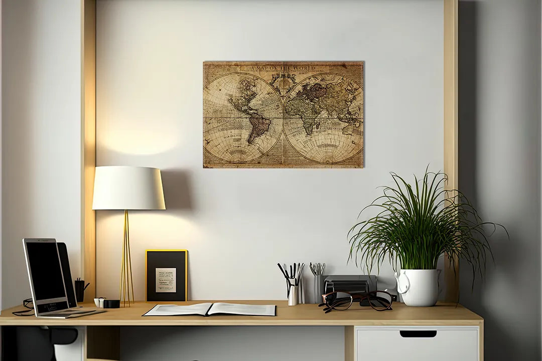 Kurkborden op canvas met antieke wereldkaart in sepia – formaat 140 × 100 cm