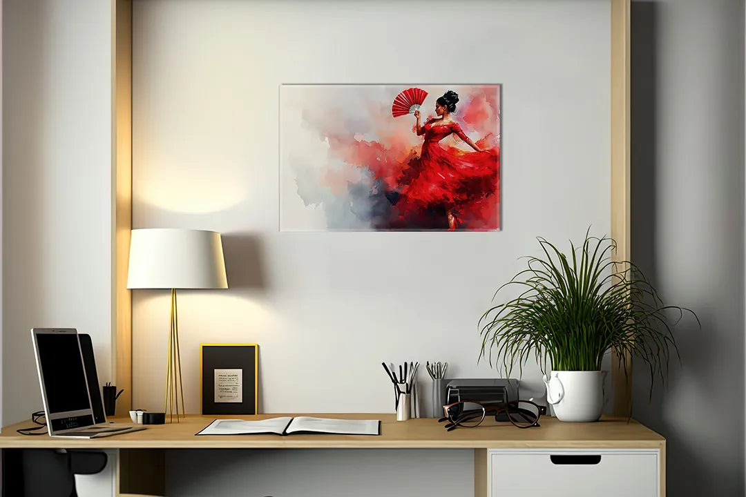 Kurkborden op canvas met dansende vrouw in rode jurk – formaat 140 × 100 cm