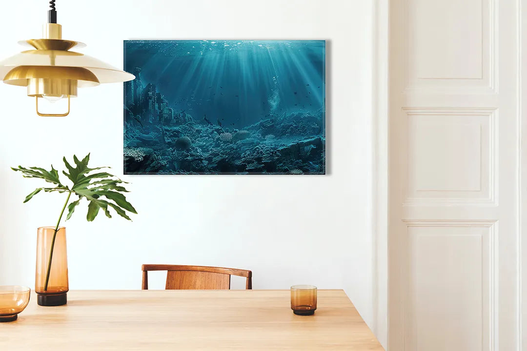 Kurkborden op canvas met diepzee met zonnestralen – formaat 100 × 70 cm