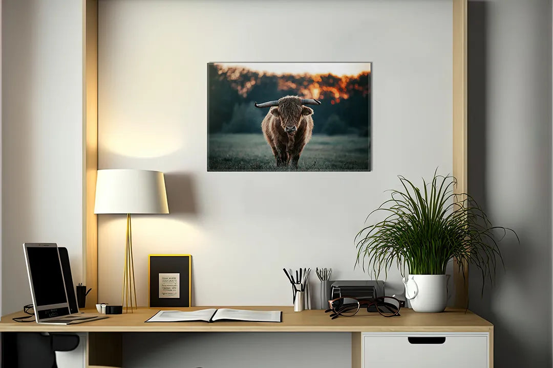 Kurkborden op canvas met schotse hooglander in avondlicht – formaat 140 × 100 cm