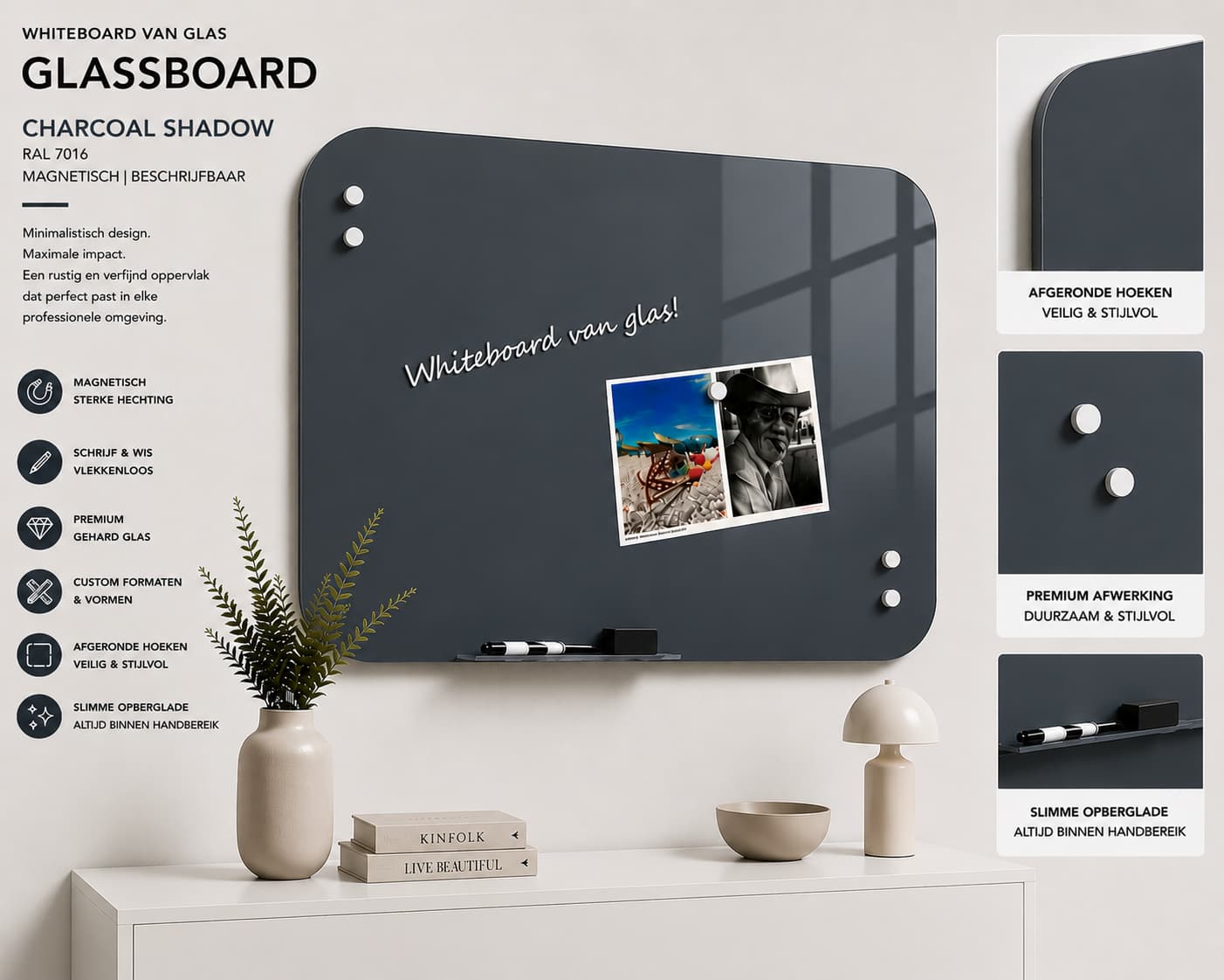 Whiteboard Glas - afgeronde hoeken - Charcoal Shadow - Anthracite Grey