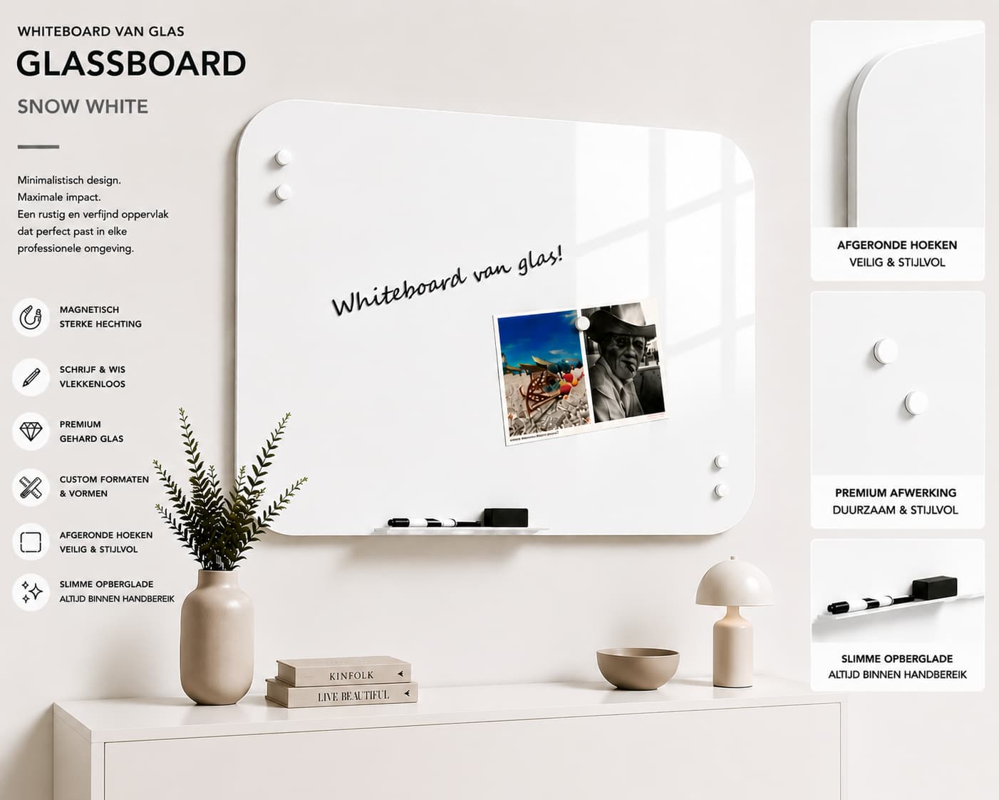 Whiteboard Glas- afgeronde hoeken - Snow White