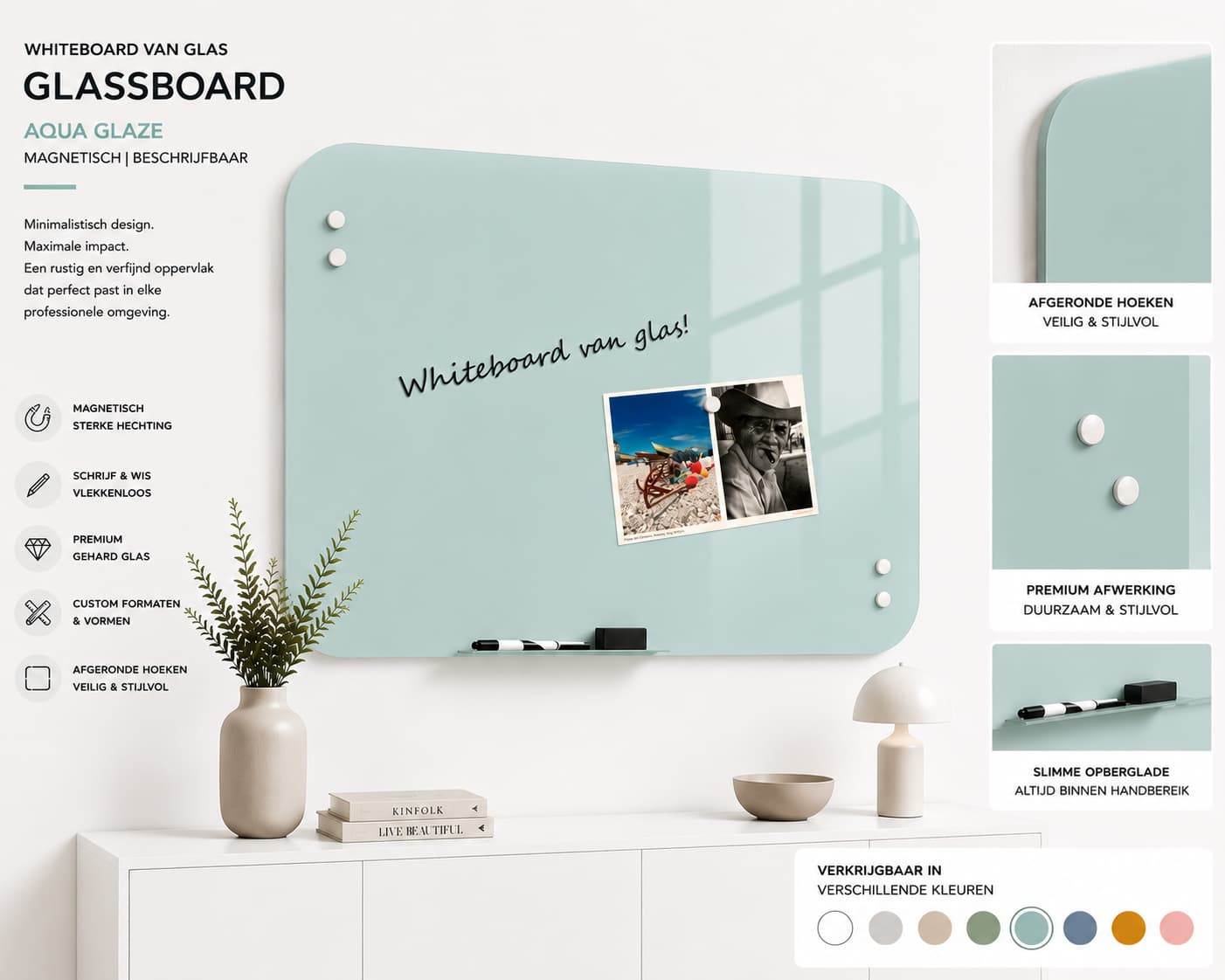 Whiteboard Glas - afgeronde hoeken - Aqua Glaze