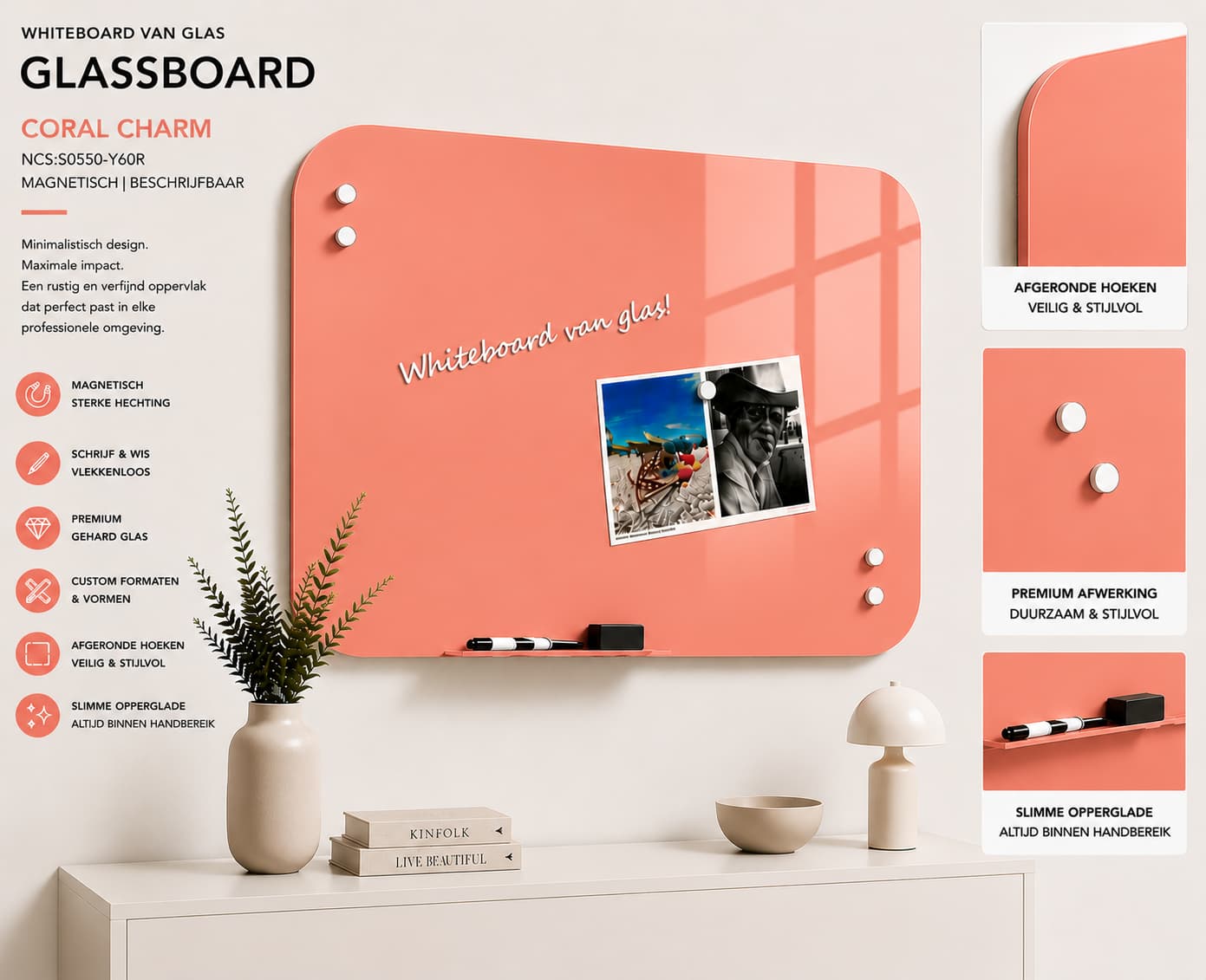Whiteboard Glas - ronde hoeken - Coral Charm