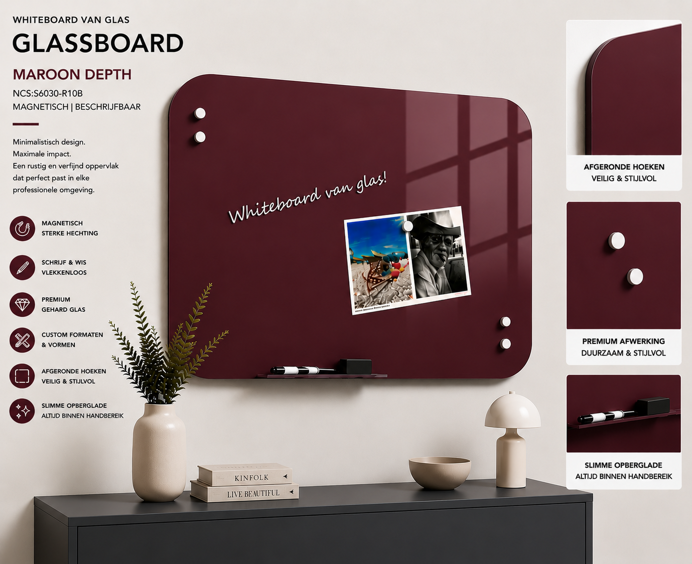 Whiteboard Glas - afgeronde hoeken - Maroon Depth
