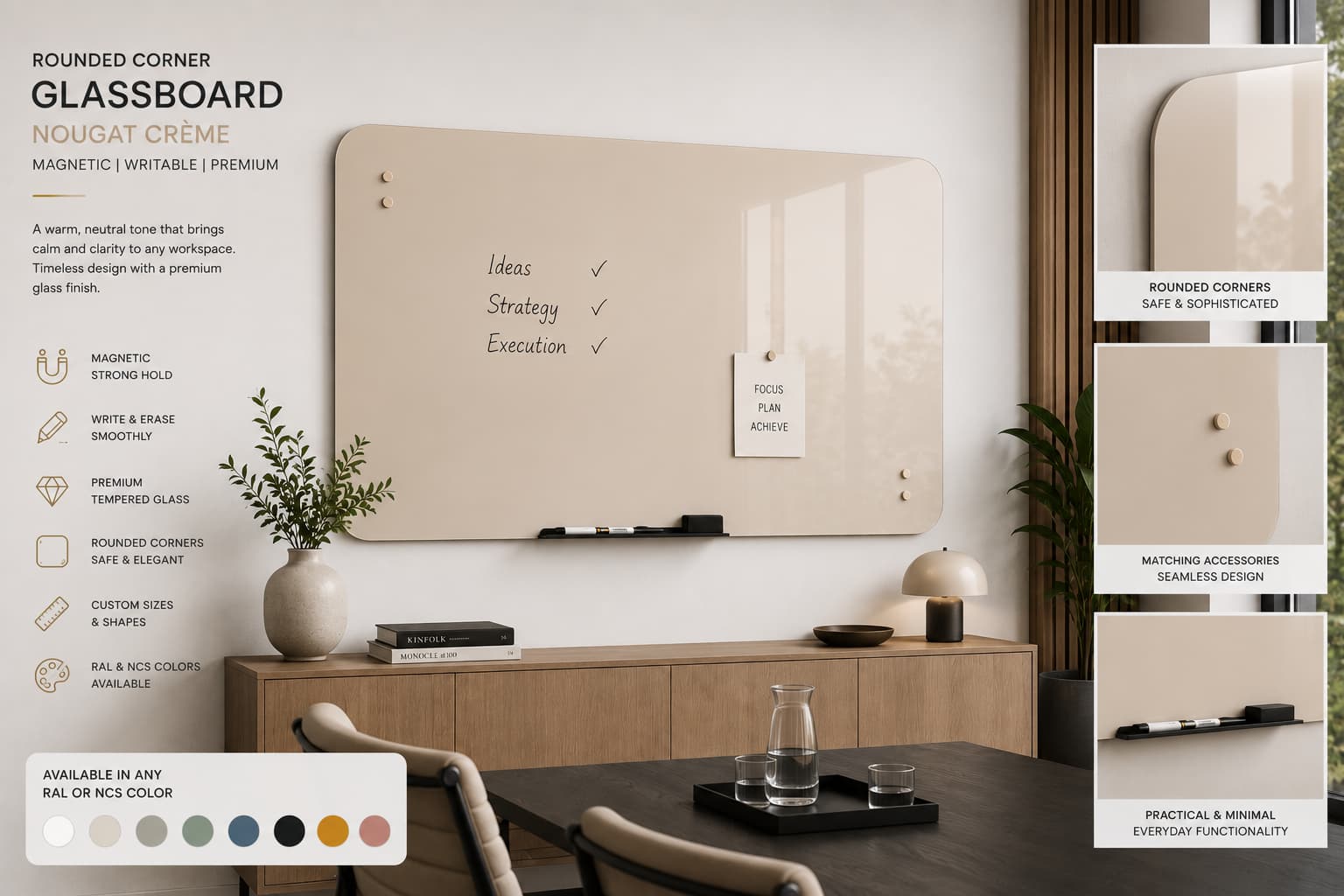 Whiteboard Glas ronde hoeken - Nougat Creme