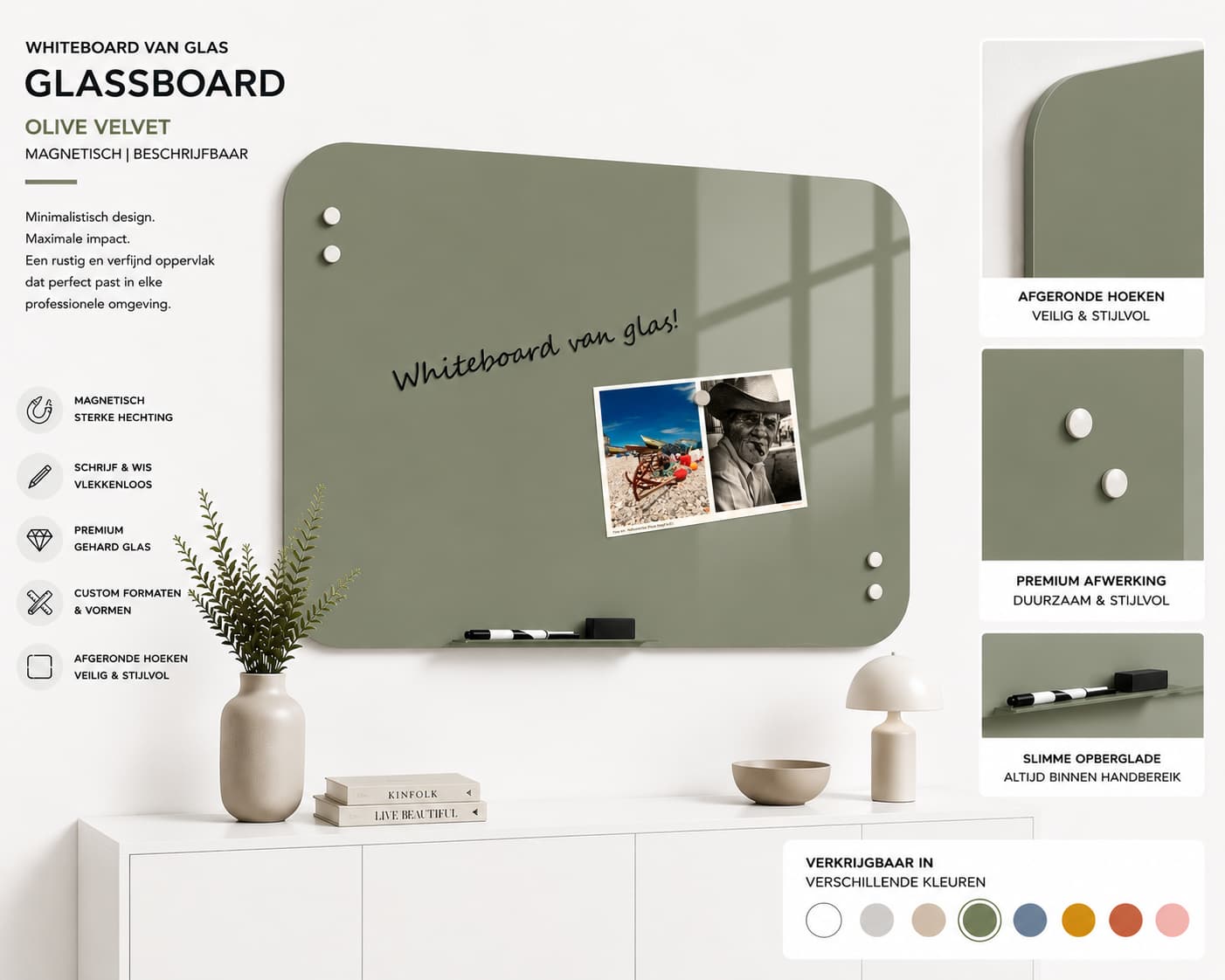 Whiteboard Glas - afgeronde hoeken - Olive Velvet