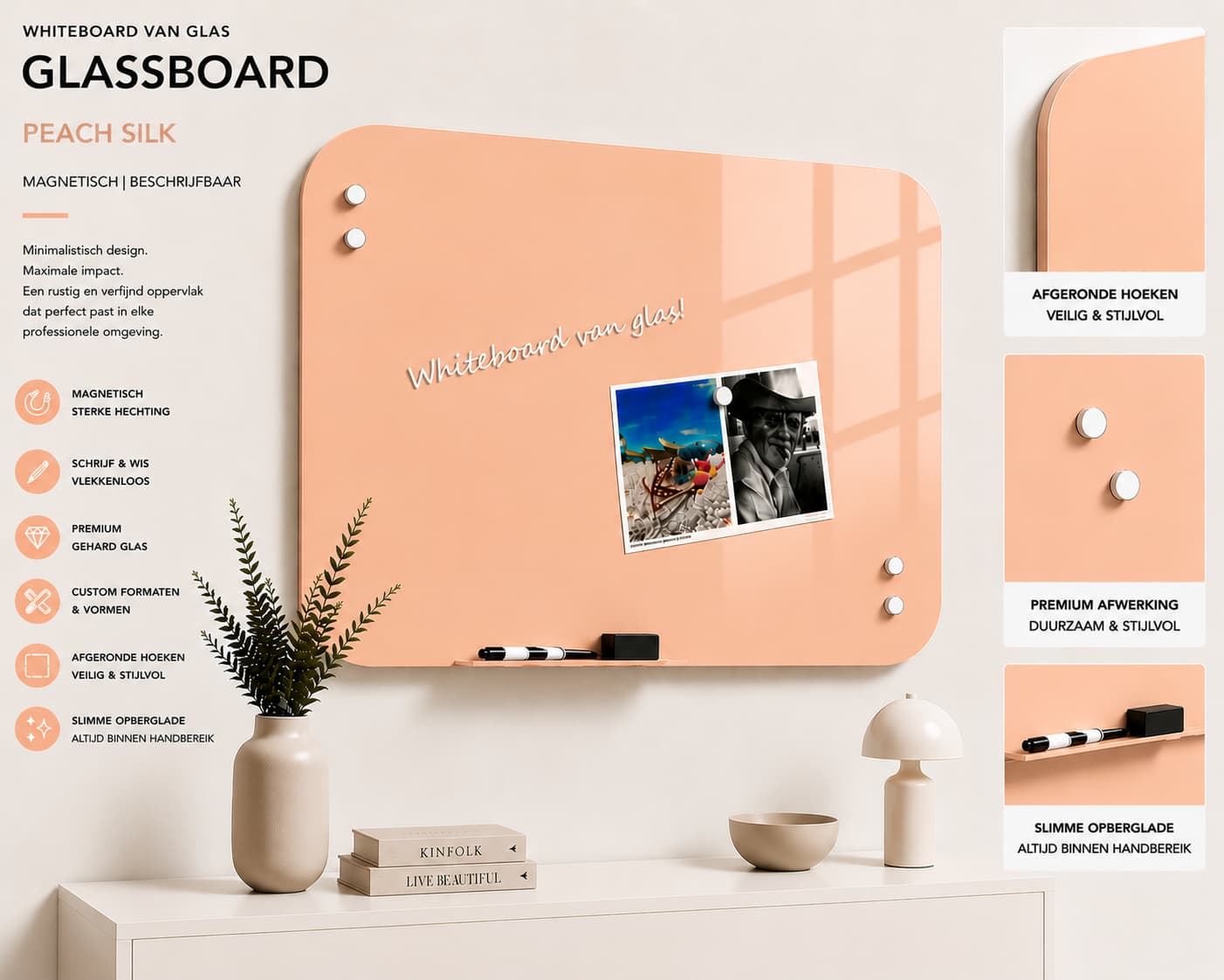 Whiteboard Glas - ronde hoeken - Peach Silk
