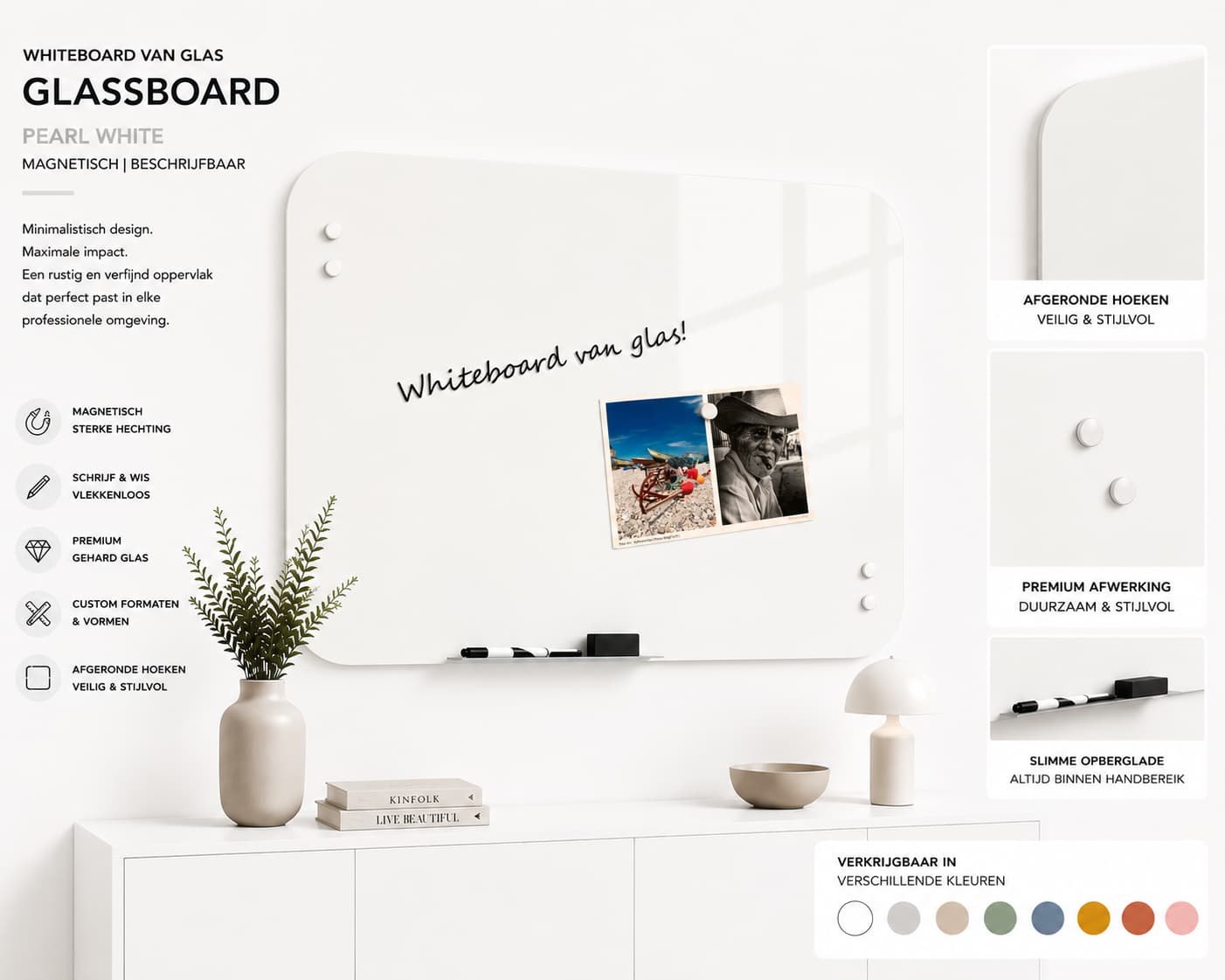 Whiteboard Glas - afgeronde hoeken - Pearl White