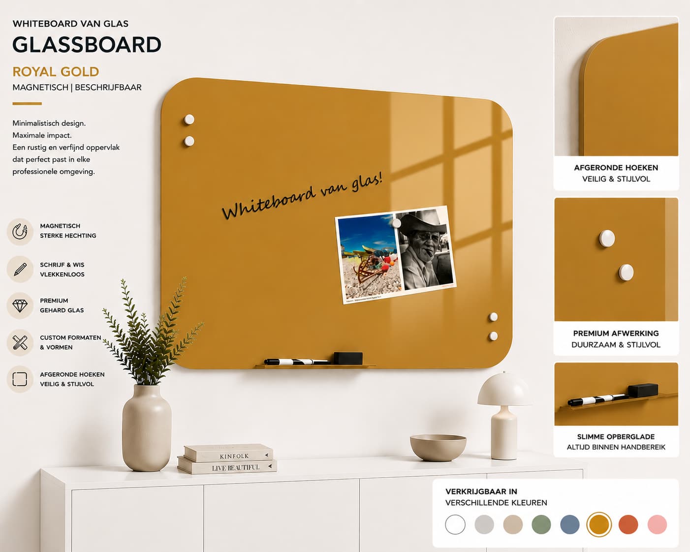 Whiteboard Glas - afgeronde hoeken - Royal Gold